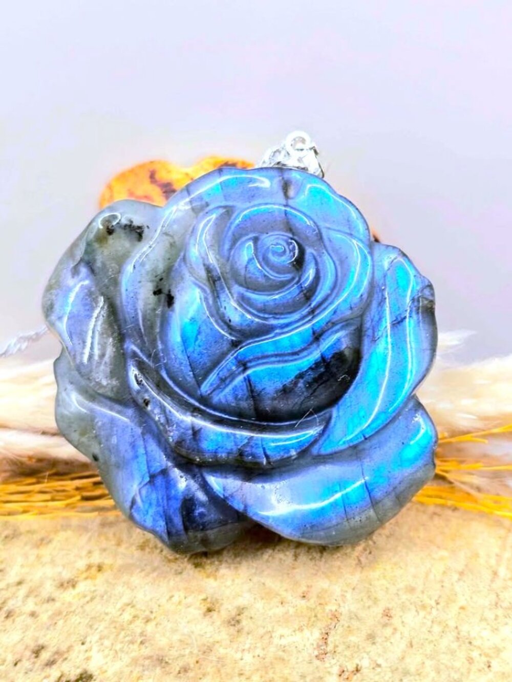 Natural Labradorite Rose Carving Pendant • Flashy • 1.7" Statement Necklace